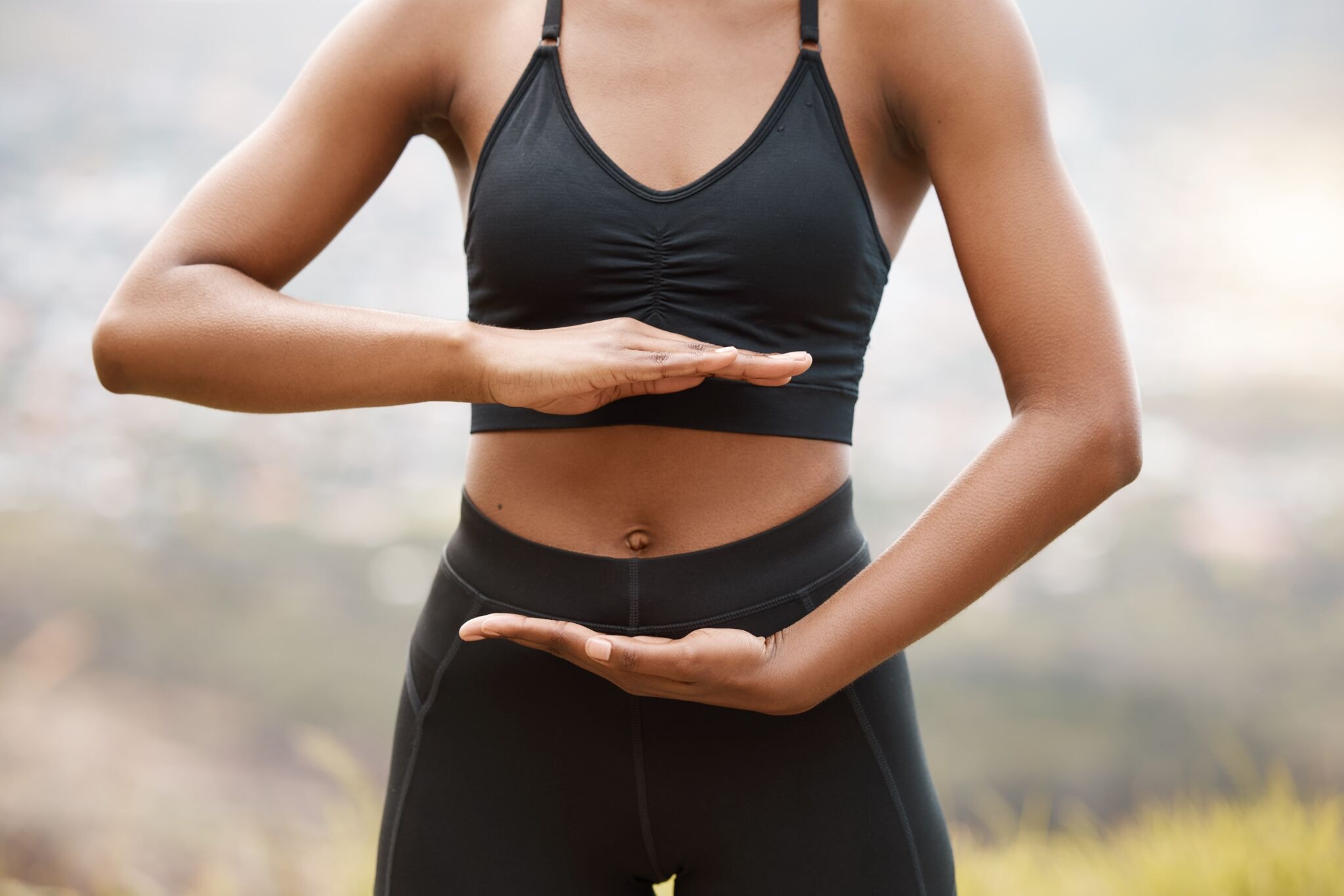 Woman,,Nature,And,Hands,For,Gut,Health,With,Balance,,Outdoor