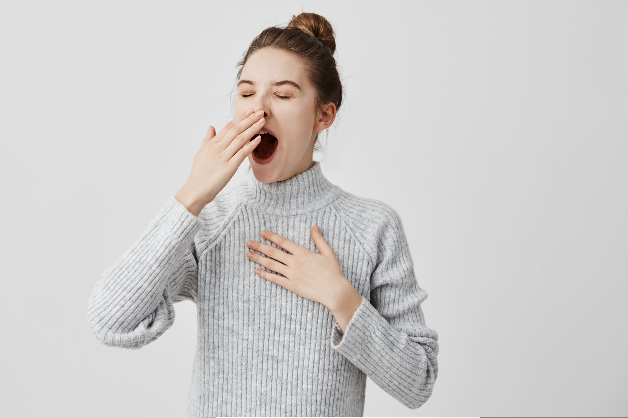 Tired,Woman,Yawning,Covering,Open,Mouth,With,Hand,Need,Rest.
